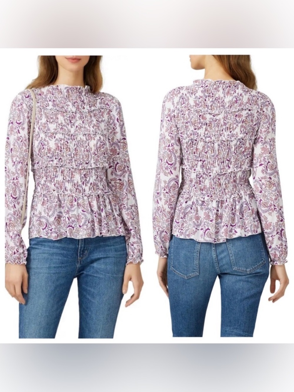 see by chloe smocked shirred ruffle ruched long sleeve paisley printed top